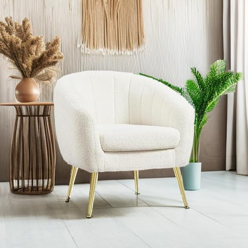 Modern Ivory Boucle Accent Chair with Gold Metal Legs and Removable Seat Cushion for Living Room, Bedroom, Office, Guest Room, or Small Space