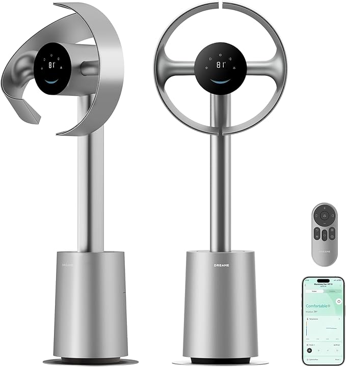 Bladeless Tower Fan for Bedroom, Smart Standing Fan with 270° Spatial Airflow for Whole-Room Circulation, 59ft/s High Velocity, 10 Speeds 3 Modes, Temperature-Adaptive Airflow