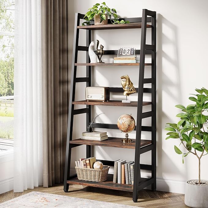 5-Tier Bookshelf Industrial Bookcase, 5 Shelf Ladder Shelf Book Storage Shelf Organizer for Living Room, Home Office
