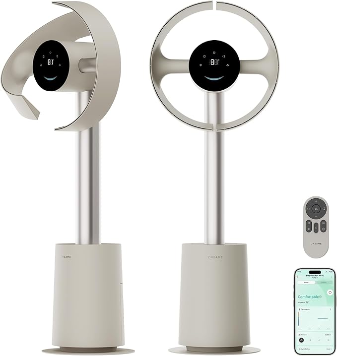 Bladeless Tower Fan for Bedroom, Smart Standing Fan with 270° Spatial Airflow for Whole-Room Circulation, 59ft/s High Velocity, 10 Speeds 3 Modes, Temperature-Adaptive Airflow