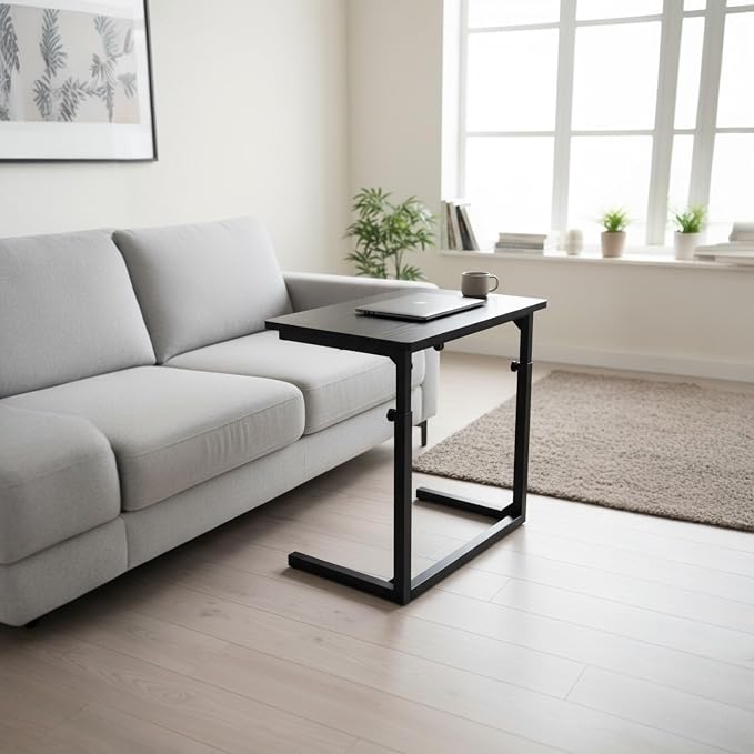 Height Adjustable C-Shaped Sofa Side Table, Laptop Table for Couch & Bed, Rustic Brown