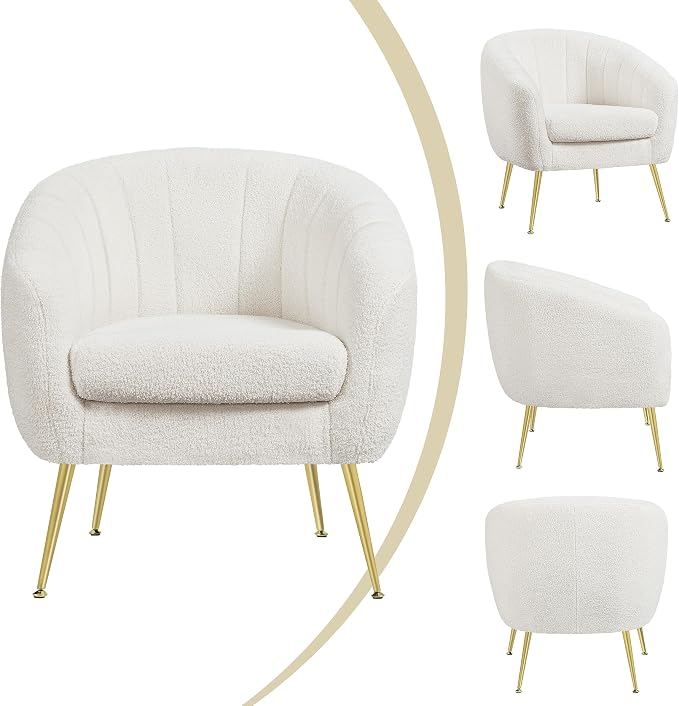 Modern Ivory Boucle Accent Chair with Gold Metal Legs and Removable Seat Cushion for Living Room, Bedroom, Office, Guest Room, or Small Space