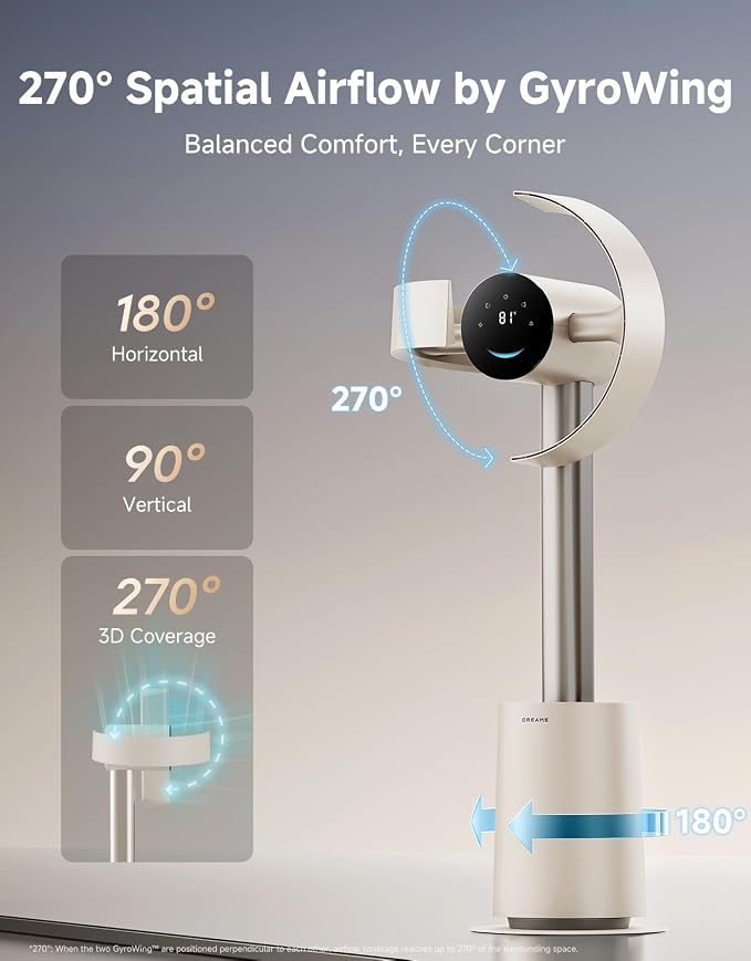 Bladeless Tower Fan for Bedroom, Smart Standing Fan with 270° Spatial Airflow for Whole-Room Circulation, 59ft/s High Velocity, 10 Speeds 3 Modes, Temperature-Adaptive Airflow
