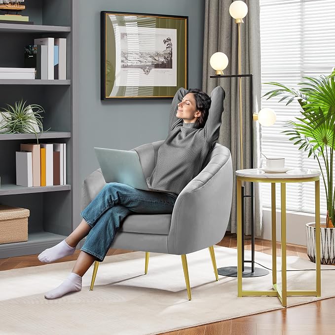 Modern Ivory Boucle Accent Chair with Gold Metal Legs and Removable Seat Cushion for Living Room, Bedroom, Office, Guest Room, or Small Space