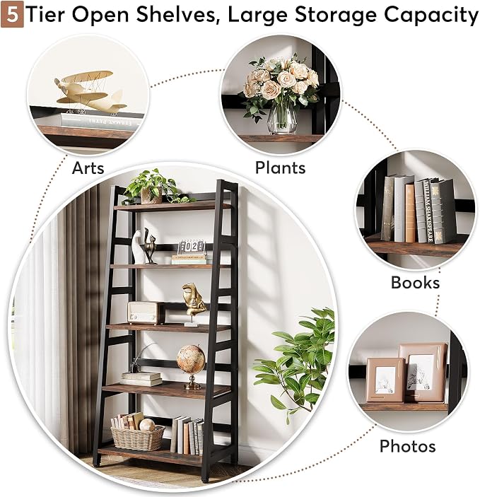 5-Tier Bookshelf Industrial Bookcase, 5 Shelf Ladder Shelf Book Storage Shelf Organizer for Living Room, Home Office