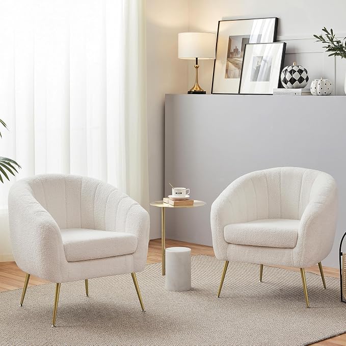 Modern Ivory Boucle Accent Chair with Gold Metal Legs and Removable Seat Cushion for Living Room, Bedroom, Office, Guest Room, or Small Space