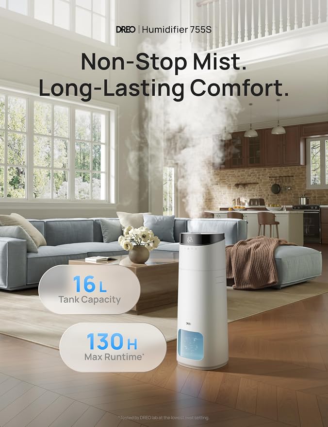 16L Smart Humidifier Large Room 1000 ft², 130H Runtime, 30dB, Top Fill | Auto Mode, Remote/Touch/Voice & APP Control, Clean Tank Technology, RGB Light, Cool Mist Humidifiers 755S for Bedroom