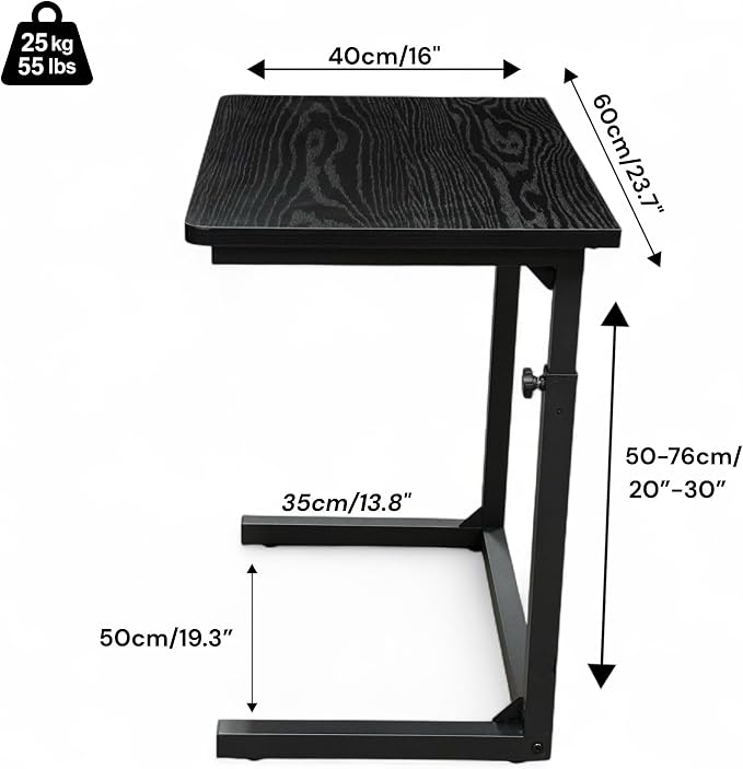 Height Adjustable C-Shaped Sofa Side Table, Laptop Table for Couch & Bed, Rustic Brown