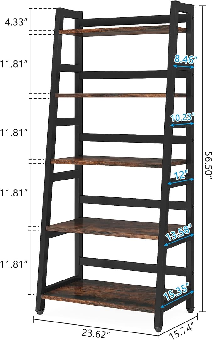 5-Tier Bookshelf Industrial Bookcase, 5 Shelf Ladder Shelf Book Storage Shelf Organizer for Living Room, Home Office