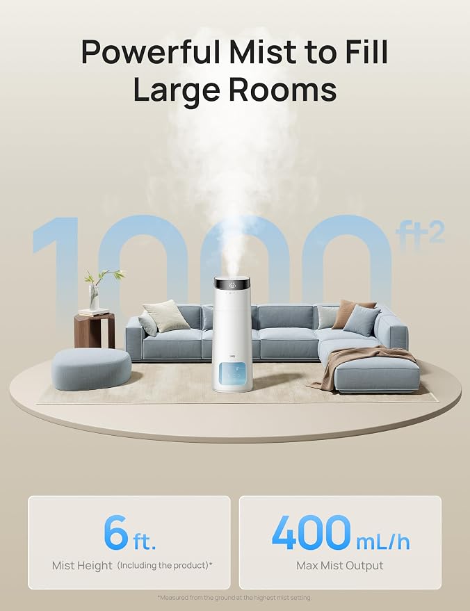 16L Smart Humidifier Large Room 1000 ft², 130H Runtime, 30dB, Top Fill | Auto Mode, Remote/Touch/Voice & APP Control, Clean Tank Technology, RGB Light, Cool Mist Humidifiers 755S for Bedroom