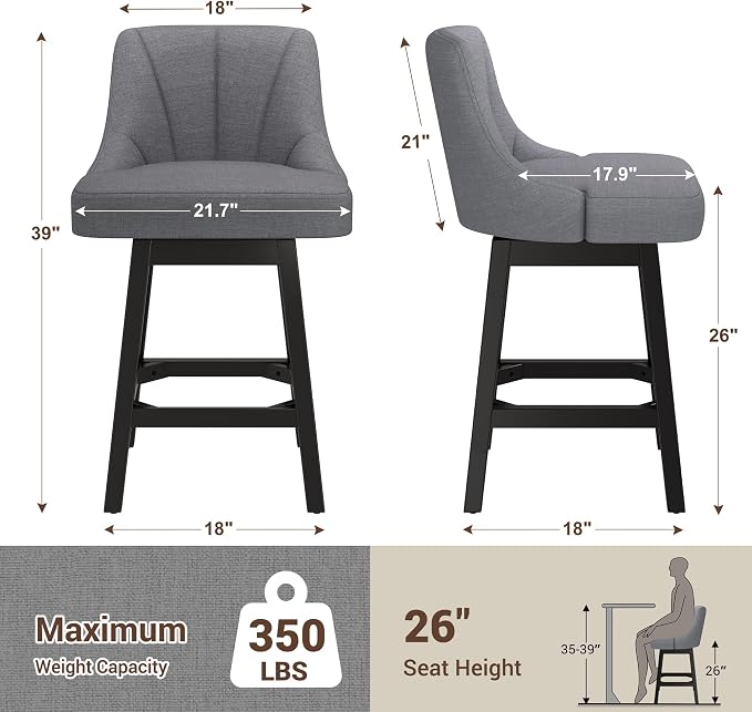 Bar Stool with Backs 1 Pcs, 26" Counter Height Bar Stools, Modern PU Leather Extra Upholstered Swivel Barstools with Square Solid Wood Legs for Kitchen Island