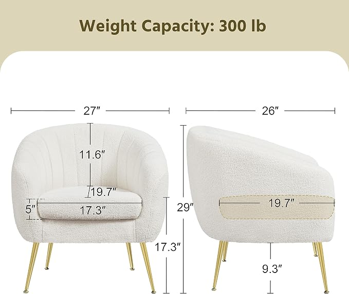 Modern Ivory Boucle Accent Chair with Gold Metal Legs and Removable Seat Cushion for Living Room, Bedroom, Office, Guest Room, or Small Space