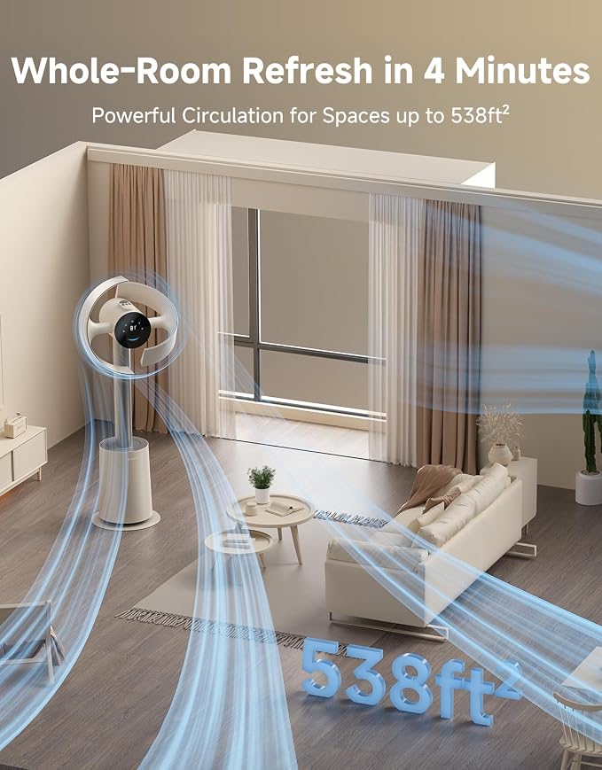 Bladeless Tower Fan for Bedroom, Smart Standing Fan with 270° Spatial Airflow for Whole-Room Circulation, 59ft/s High Velocity, 10 Speeds 3 Modes, Temperature-Adaptive Airflow