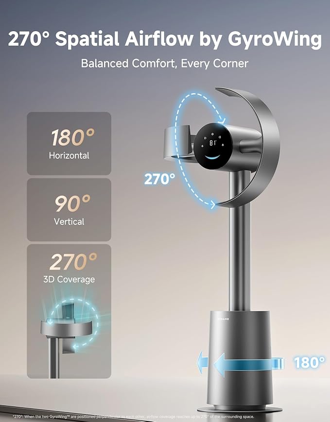 Bladeless Tower Fan for Bedroom, Smart Standing Fan with 270° Spatial Airflow for Whole-Room Circulation, 59ft/s High Velocity, 10 Speeds 3 Modes, Temperature-Adaptive Airflow