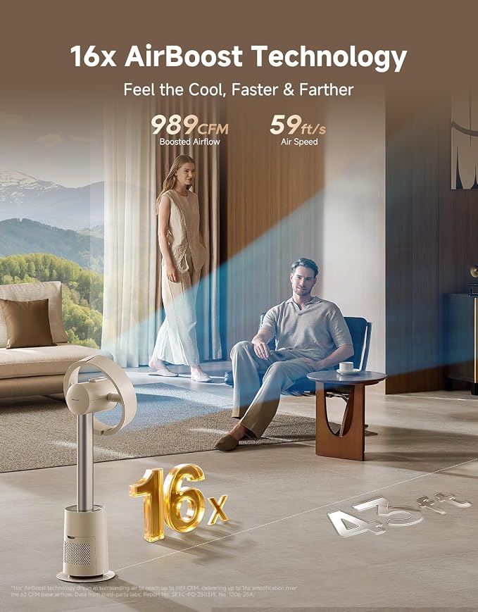 Bladeless Tower Fan for Bedroom, Smart Standing Fan with 270° Spatial Airflow for Whole-Room Circulation, 59ft/s High Velocity, 10 Speeds 3 Modes, Temperature-Adaptive Airflow