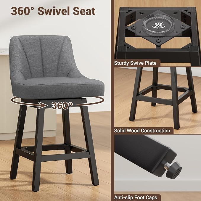 Bar Stool with Backs 1 Pcs, 26" Counter Height Bar Stools, Modern PU Leather Extra Upholstered Swivel Barstools with Square Solid Wood Legs for Kitchen Island