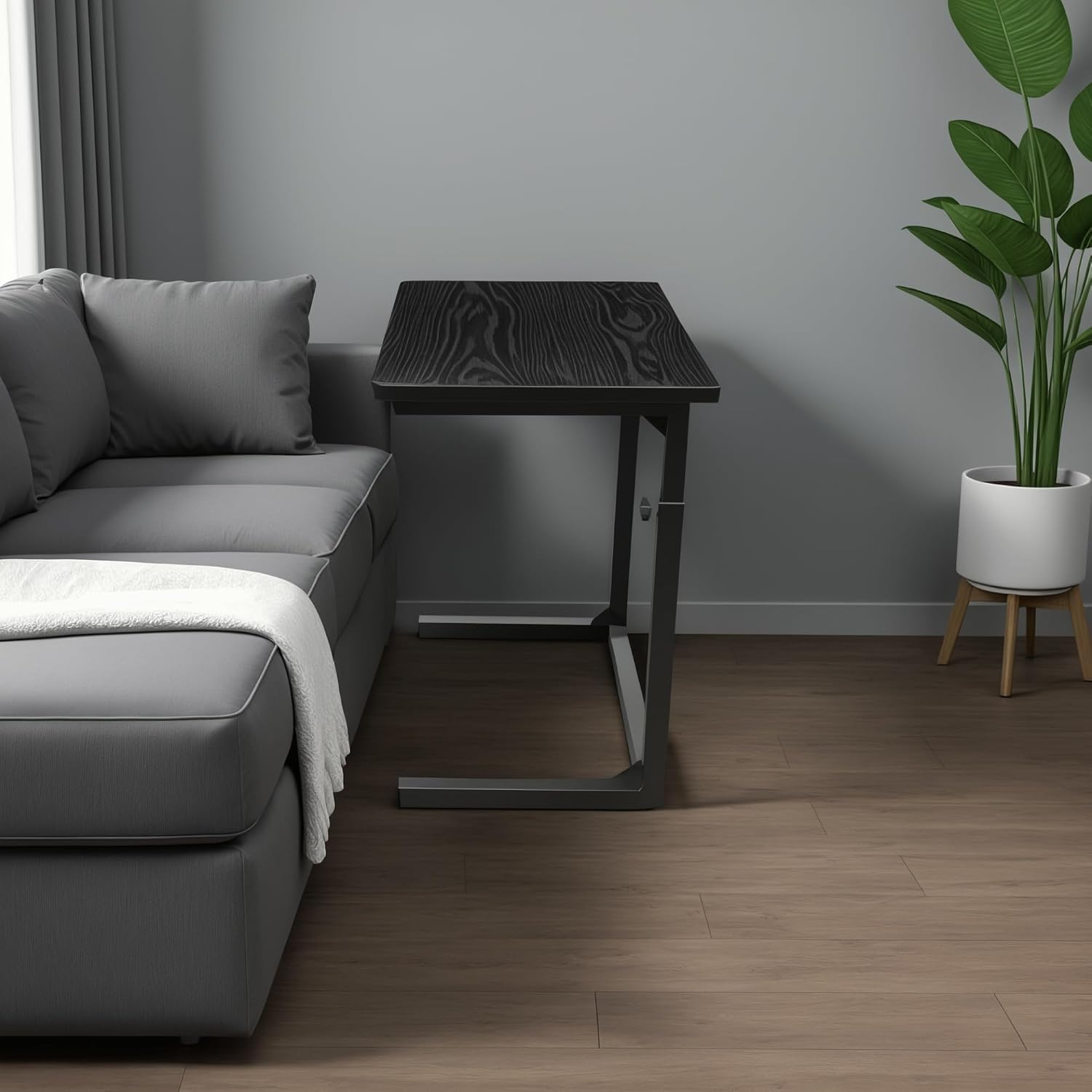 Height Adjustable C-Shaped Sofa Side Table, Laptop Table for Couch & Bed, Rustic Brown