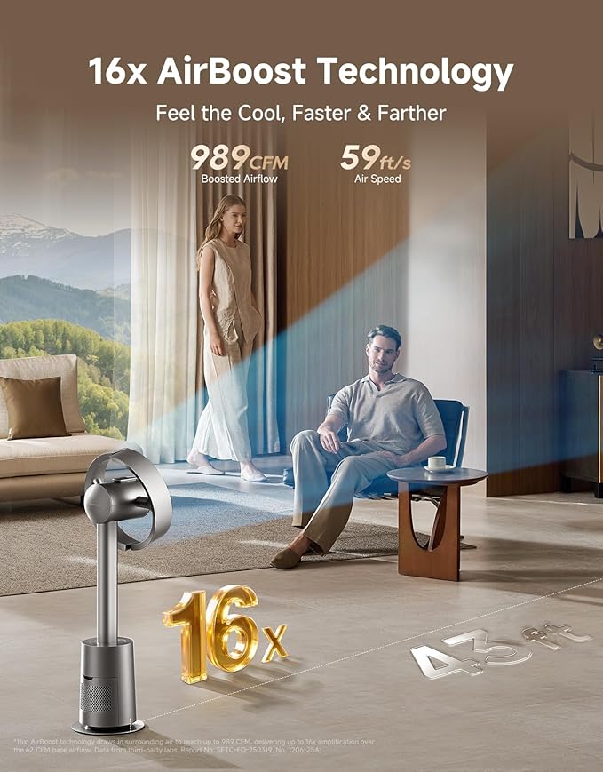 Bladeless Tower Fan for Bedroom, Smart Standing Fan with 270° Spatial Airflow for Whole-Room Circulation, 59ft/s High Velocity, 10 Speeds 3 Modes, Temperature-Adaptive Airflow