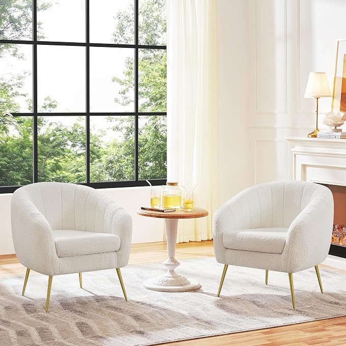 Modern Ivory Boucle Accent Chair with Gold Metal Legs and Removable Seat Cushion for Living Room, Bedroom, Office, Guest Room, or Small Space