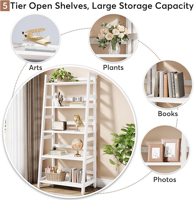 5-Tier Bookshelf Industrial Bookcase, 5 Shelf Ladder Shelf Book Storage Shelf Organizer for Living Room, Home Office