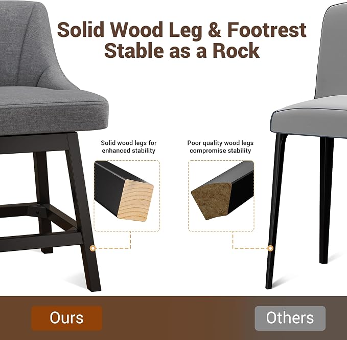 Bar Stool with Backs 1 Pcs, 26" Counter Height Bar Stools, Modern PU Leather Extra Upholstered Swivel Barstools with Square Solid Wood Legs for Kitchen Island