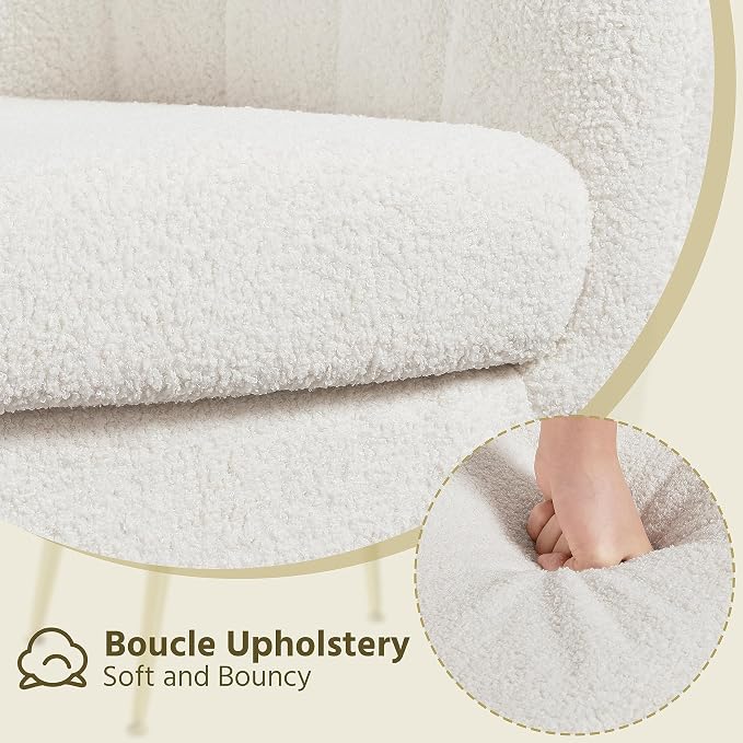 Modern Ivory Boucle Accent Chair with Gold Metal Legs and Removable Seat Cushion for Living Room, Bedroom, Office, Guest Room, or Small Space