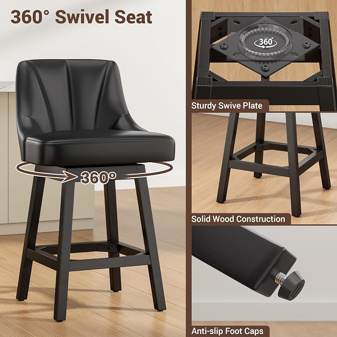 Bar Stool with Backs 1 Pcs, 26" Counter Height Bar Stools, Modern PU Leather Extra Upholstered Swivel Barstools with Square Solid Wood Legs for Kitchen Island