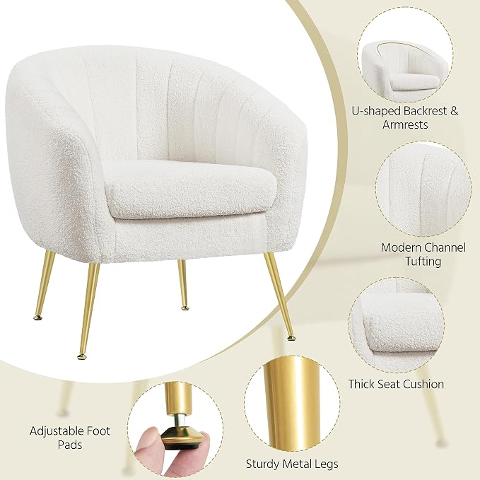 Modern Ivory Boucle Accent Chair with Gold Metal Legs and Removable Seat Cushion for Living Room, Bedroom, Office, Guest Room, or Small Space