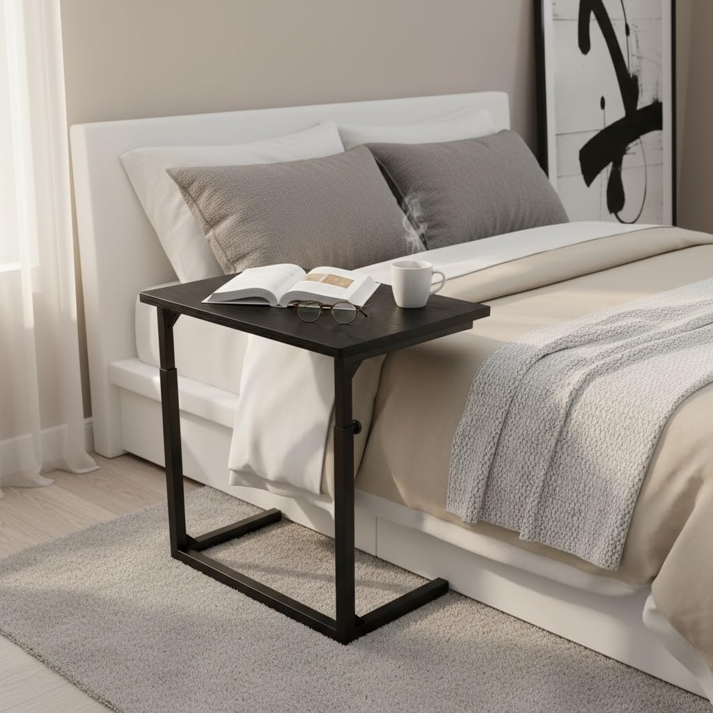 Height Adjustable C-Shaped Sofa Side Table, Laptop Table for Couch & Bed, Rustic Brown
