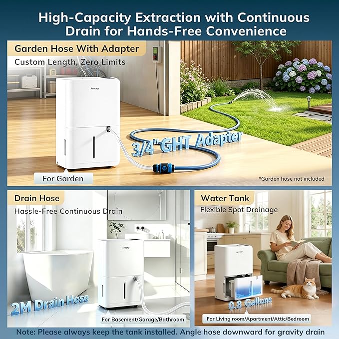 50 Pint/Day Compressor Dehumidifier, 3500Sq.Ft for Basement, Home, Bedroom, Bathroom, with Drain Hose, 0.8 Gallon Water Tank Capacity, Intelligent Humidistat, Quiet