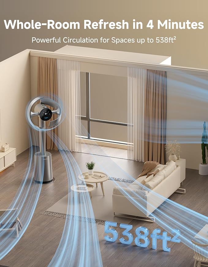 Bladeless Tower Fan for Bedroom, Smart Standing Fan with 270° Spatial Airflow for Whole-Room Circulation, 59ft/s High Velocity, 10 Speeds 3 Modes, Temperature-Adaptive Airflow